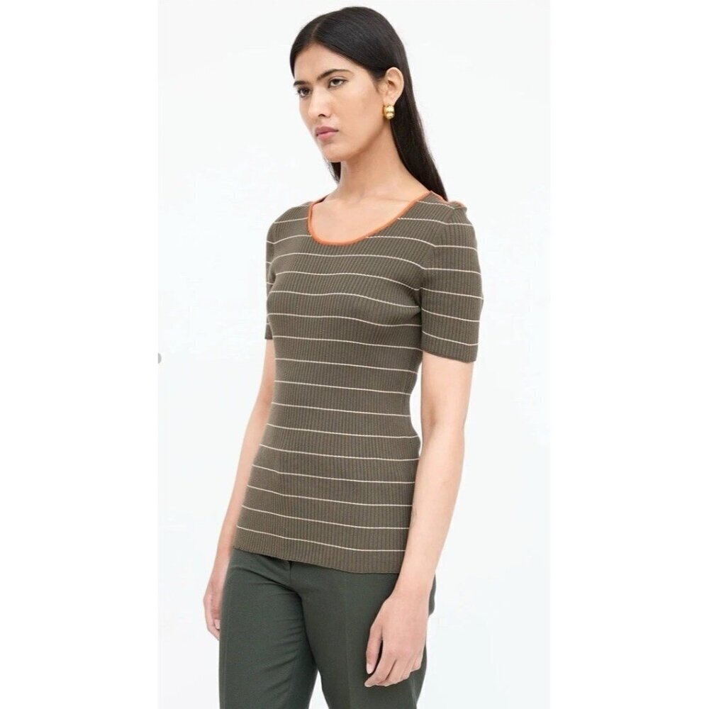 Akris Punto Women's Sz 12 Olive Green Striped Rib-Knit Shirt Scoop Neck